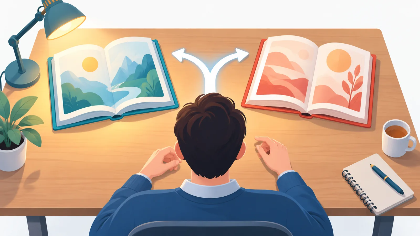 Leitor escolhendo entre dois livros abertos sobre a mesa
