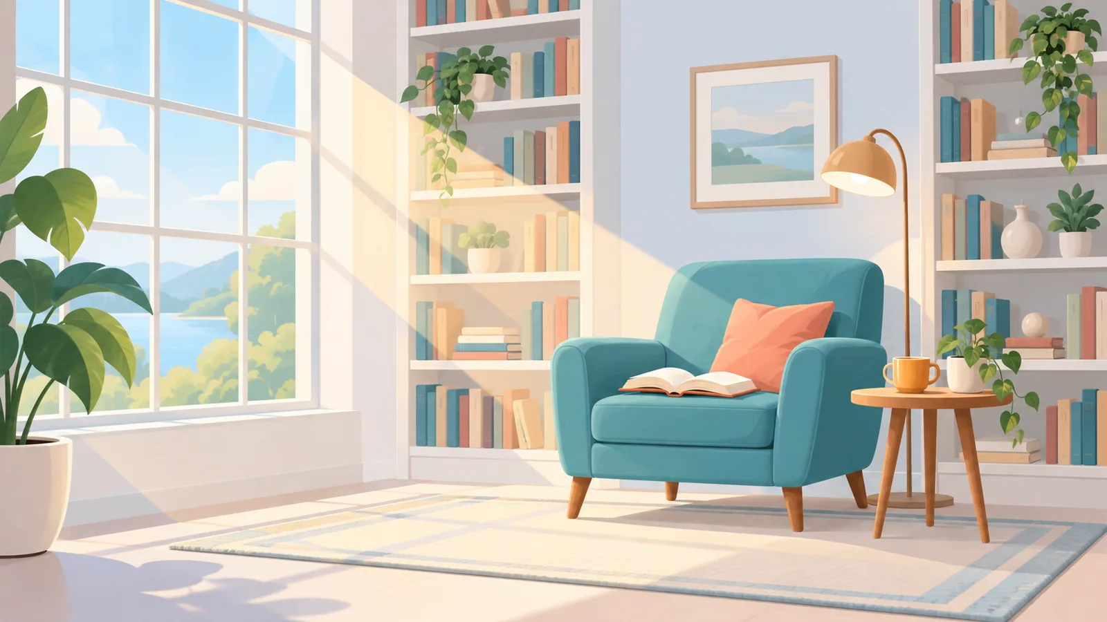 Canto de leitura tranquilo em uma biblioteca, com poltrona e luz da janela