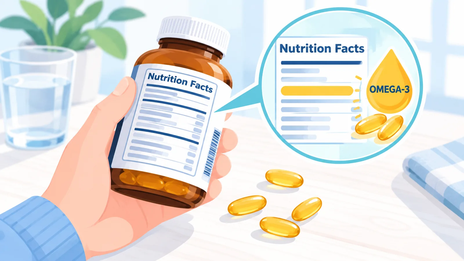 Mão segurando frasco de suplemento mostrando a tabela nutricional com EPA e DHA