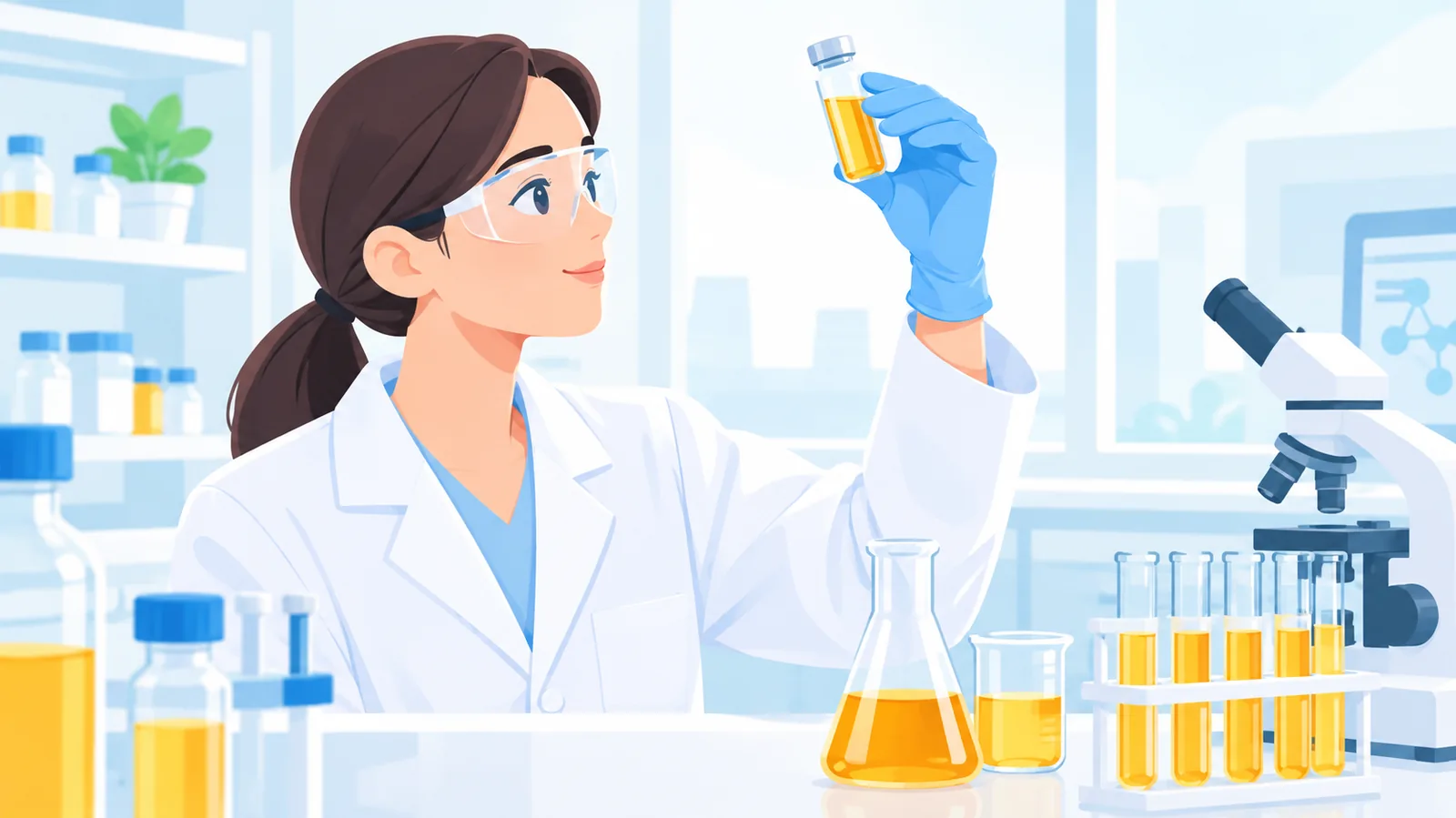 Técnica de laboratório analisando uma amostra de óleo de peixe