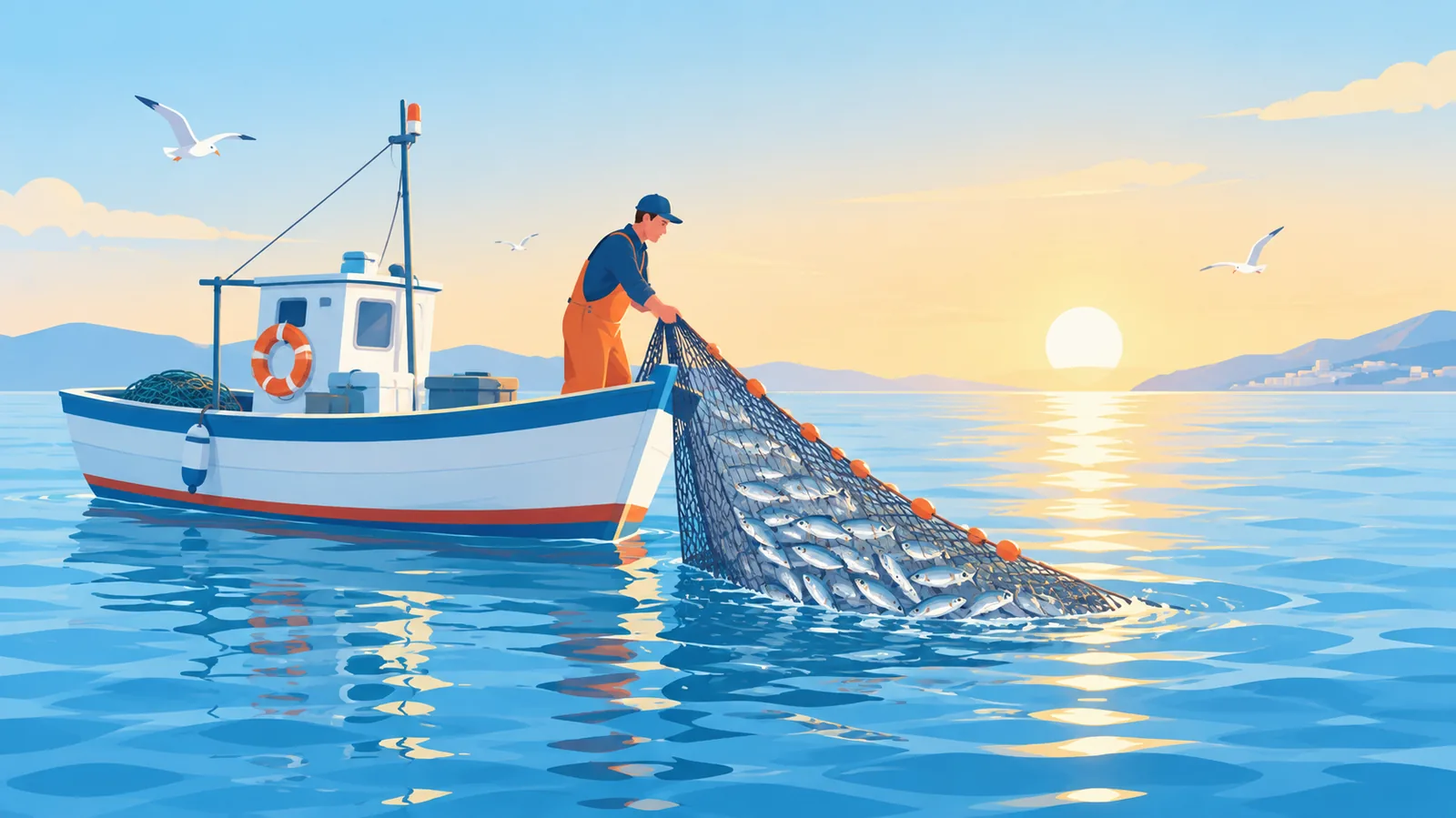 Barco de pesca recolhendo sardinhas ao amanhecer