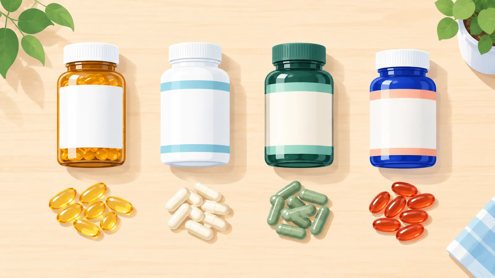 Quatro tipos de suplementos de ômega 3 lado a lado para comparação
