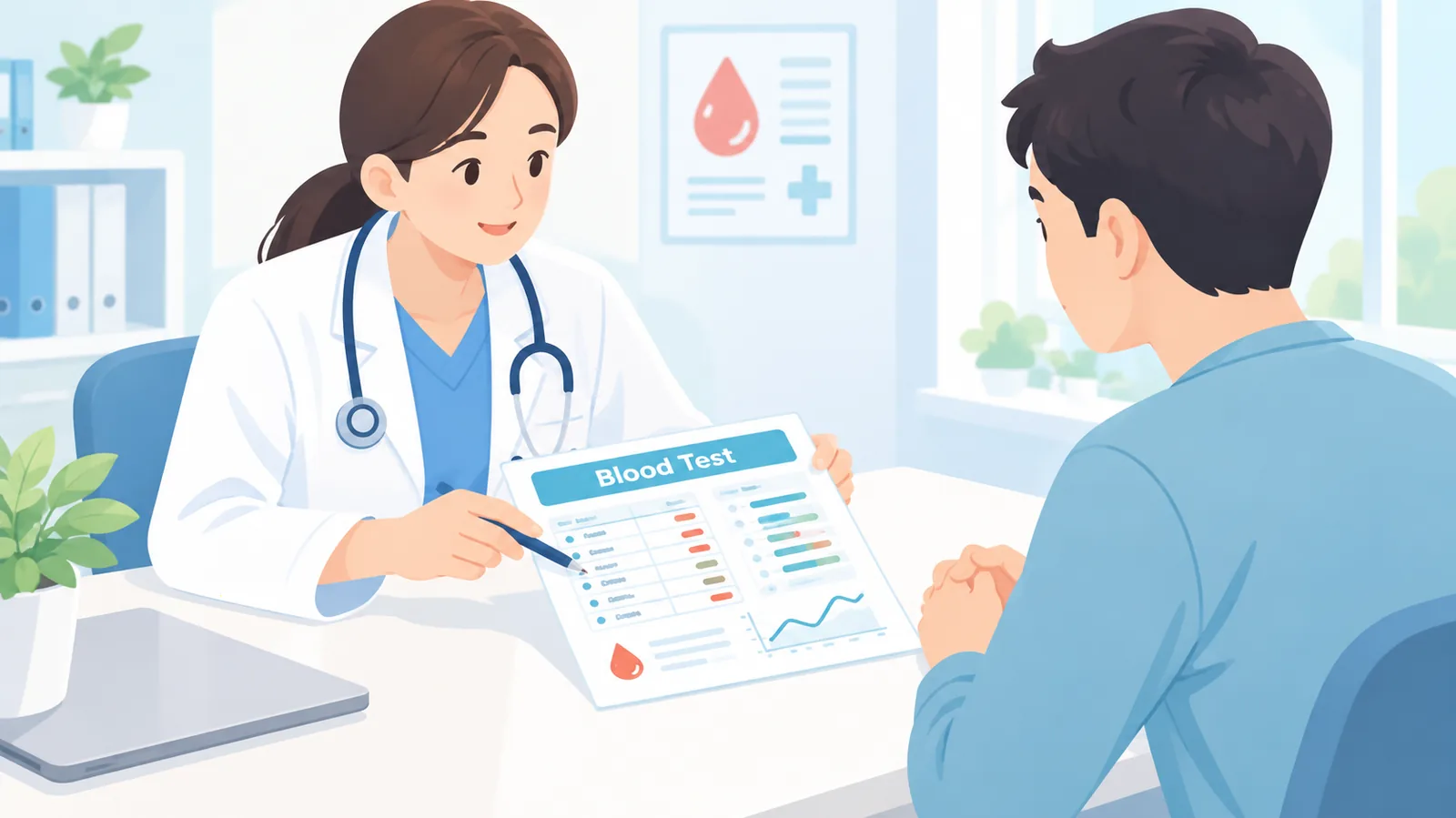 Médica conversando com paciente em consultório sobre exames de sangue