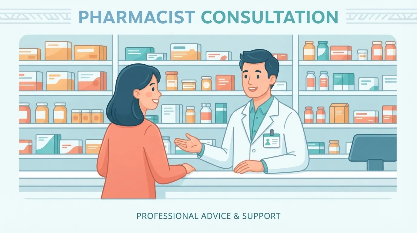 Farmacêutica orientando cliente sobre interações de medicamentos no balcão