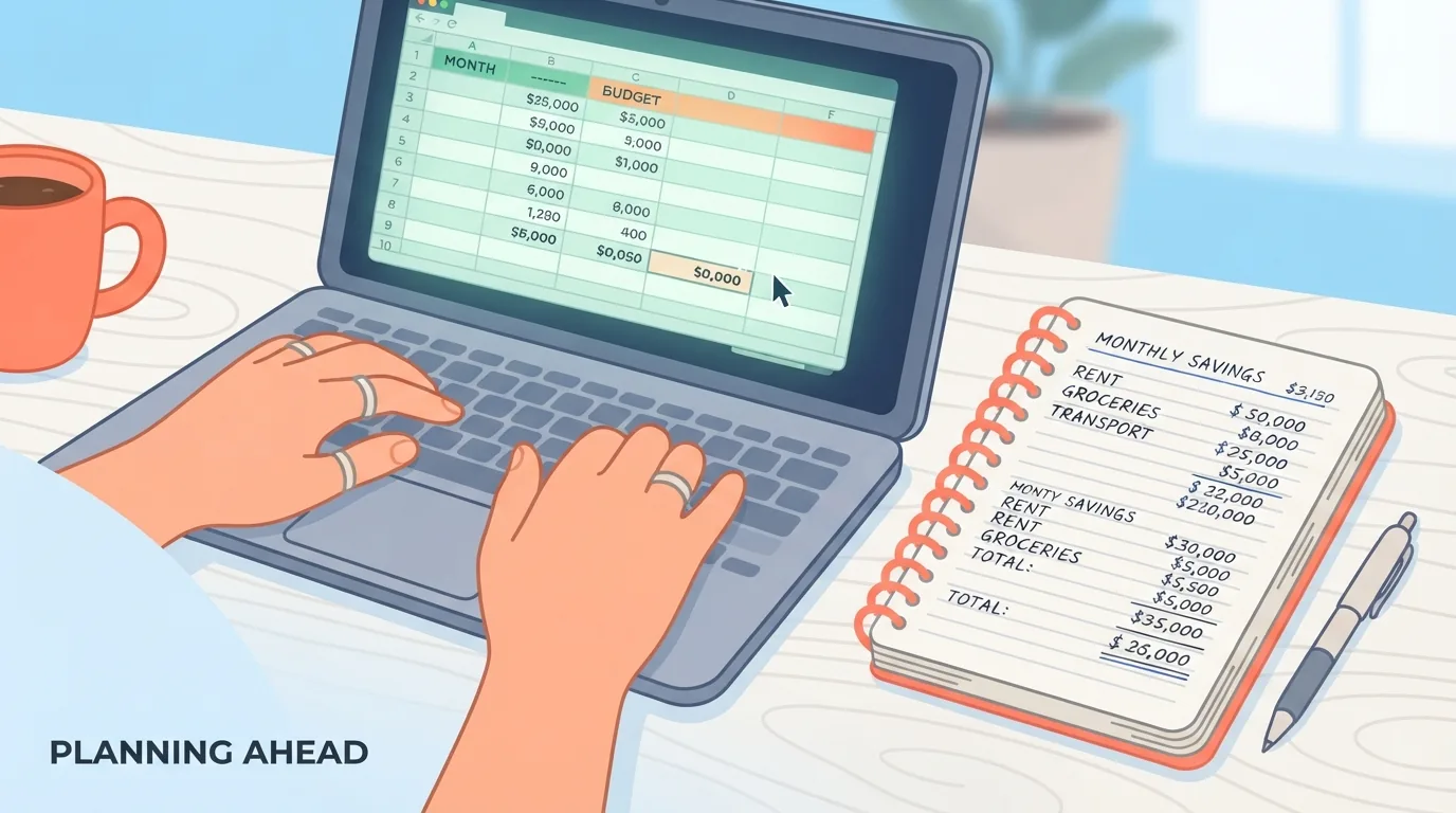 Mãos sobre o teclado de um notebook com planilha simples e anotações de poupança mensal