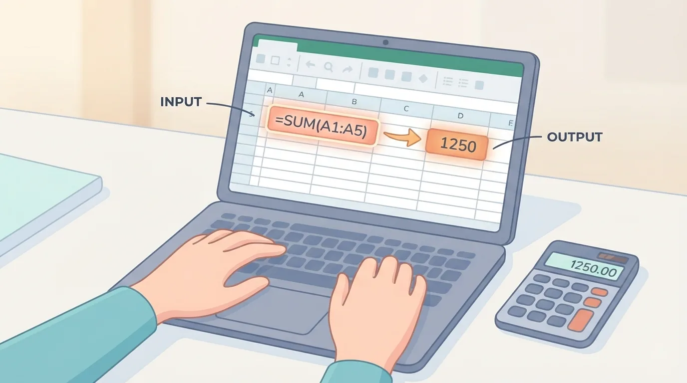 Pessoa digitando uma fórmula em uma célula da planilha com calculadora ao lado