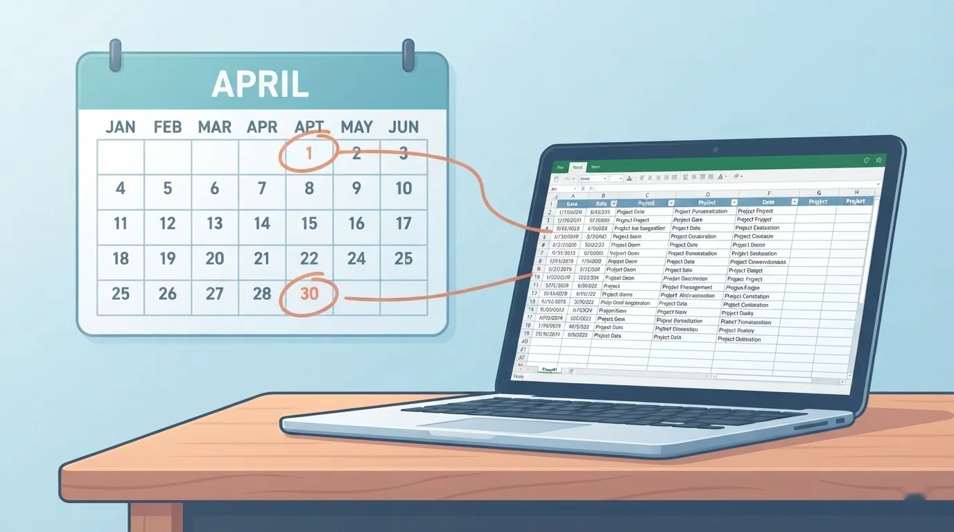 Calendário com início e fim do mês marcados ao lado de um notebook com planilha