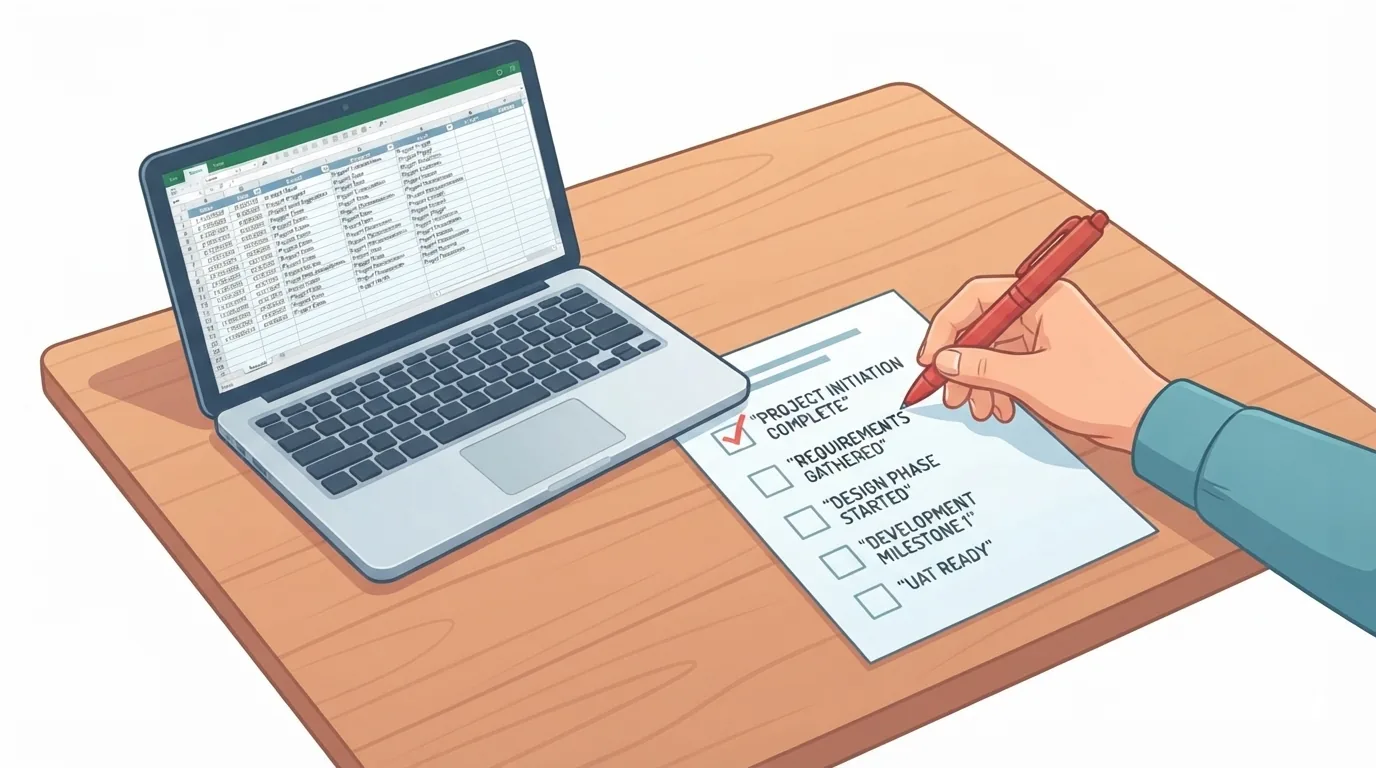 Mão marcando itens em uma lista de conferência ao lado de um notebook