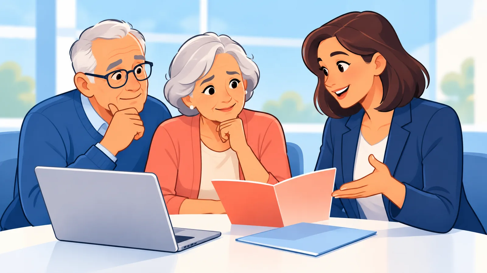 Casal de idosos conversando com atendente sobre opções de comunidades de aposentadoria