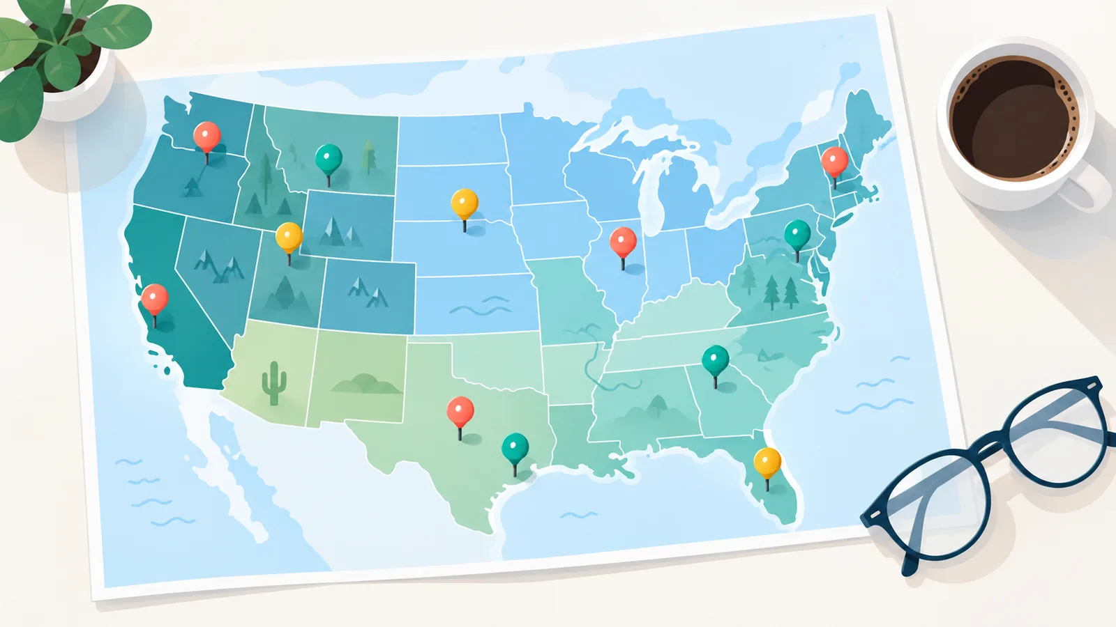 Mapa dos Estados Unidos com marcadores de regiões para aposentadoria