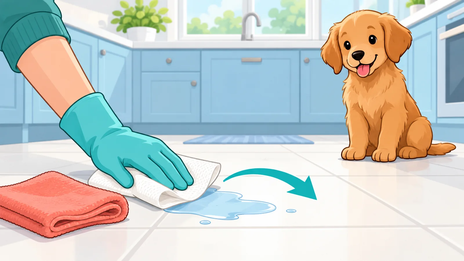 Tutor limpando o chão após um errinho do filhote, sem bronca