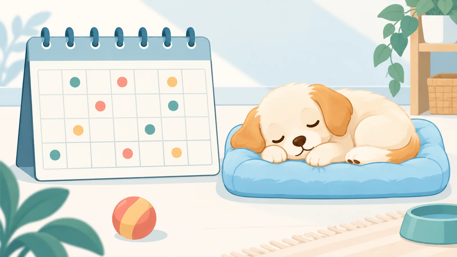 Calendário com dias marcados ao lado de um filhote descansando