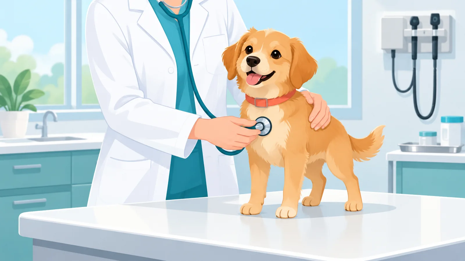 Veterinário examinando um cachorro calmo no consultório