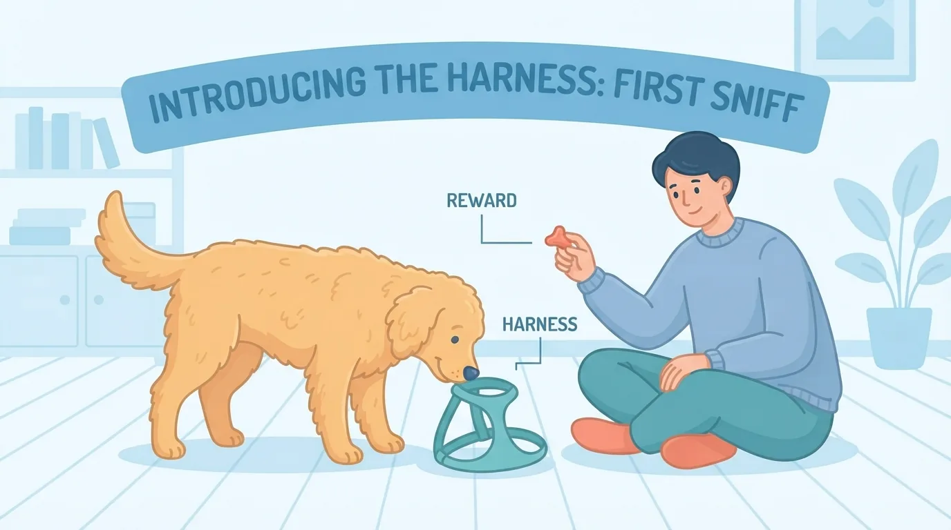 Tutor medindo a circunferência do peito de um golden retriever com fita métrica