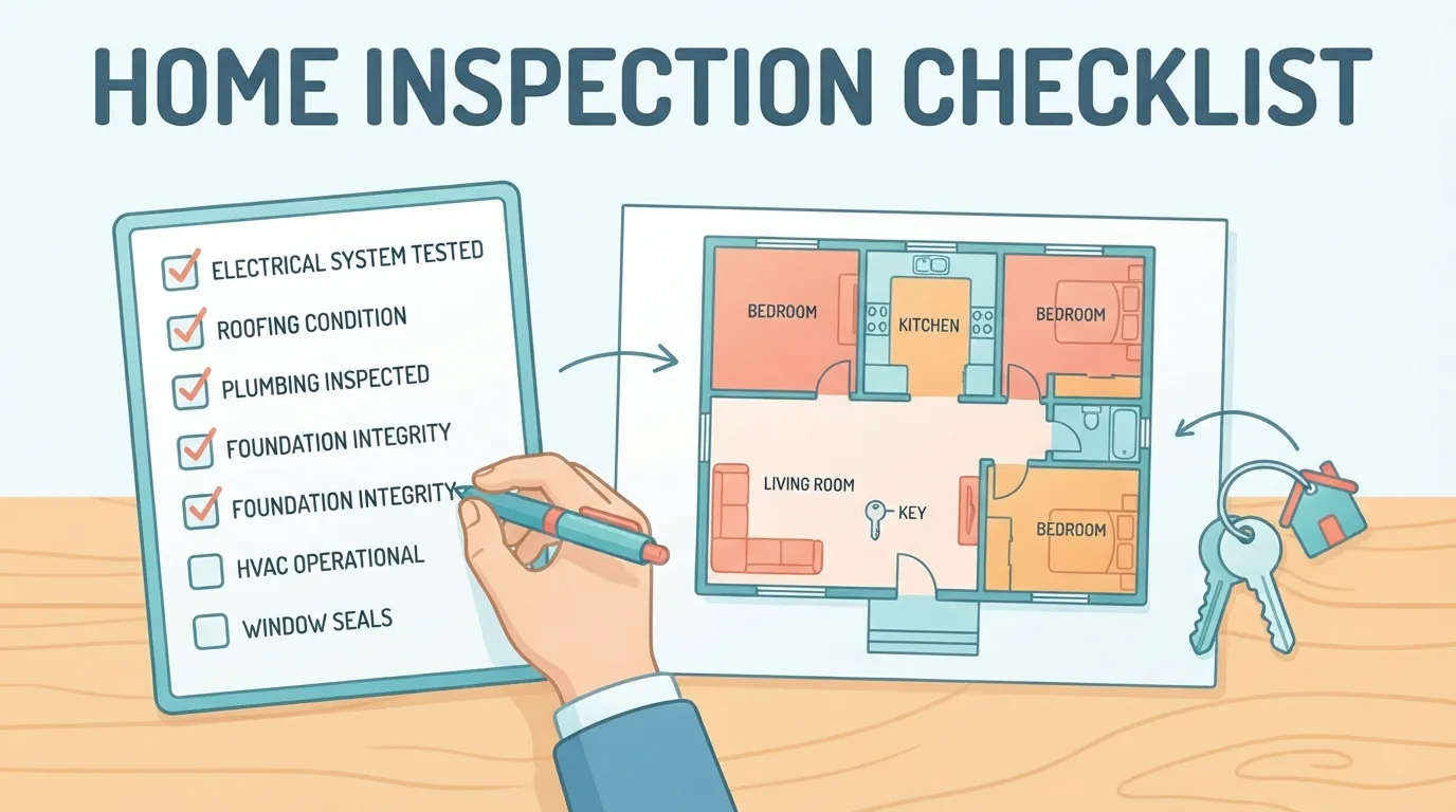 Mão marcando itens de um checklist ao lado de planta de casa e chaves