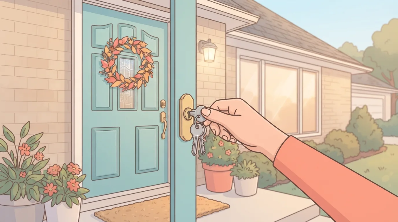 Porta de entrada de uma casa com chaves na fechadura