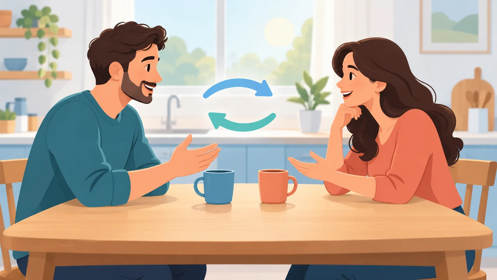Casal conversando com calma à mesa da cozinha