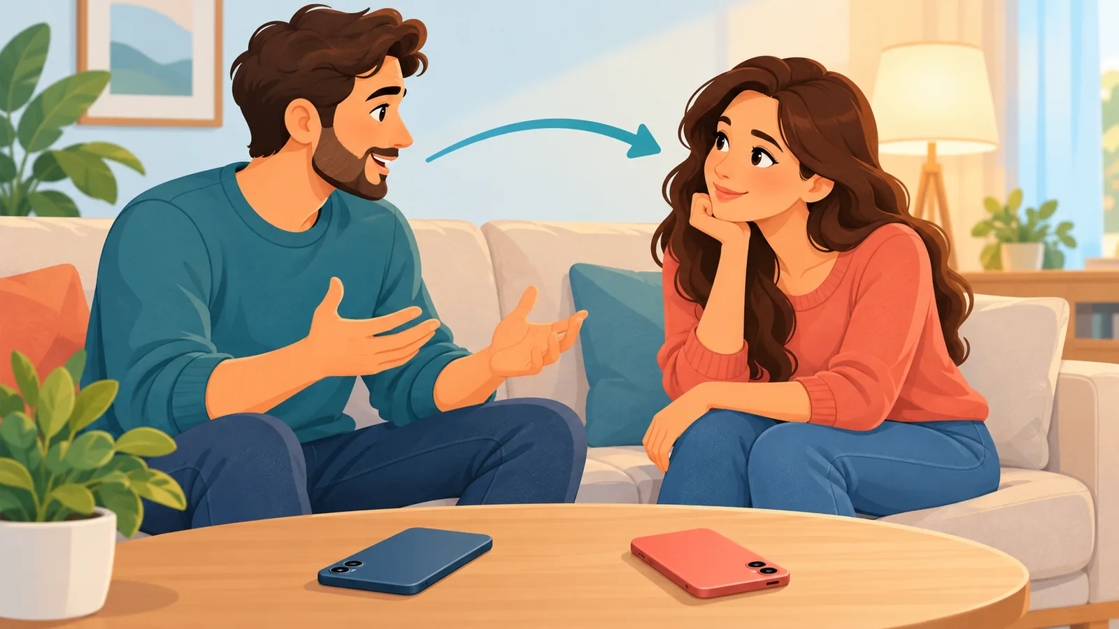 Mulher ouvindo o parceiro com atenção, com os celulares de lado