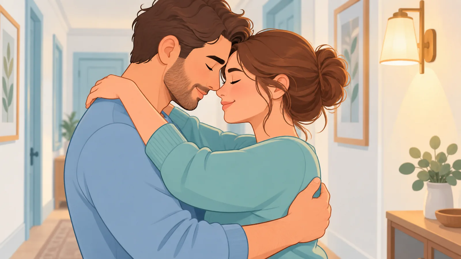 Casal abraçado com carinho em casa