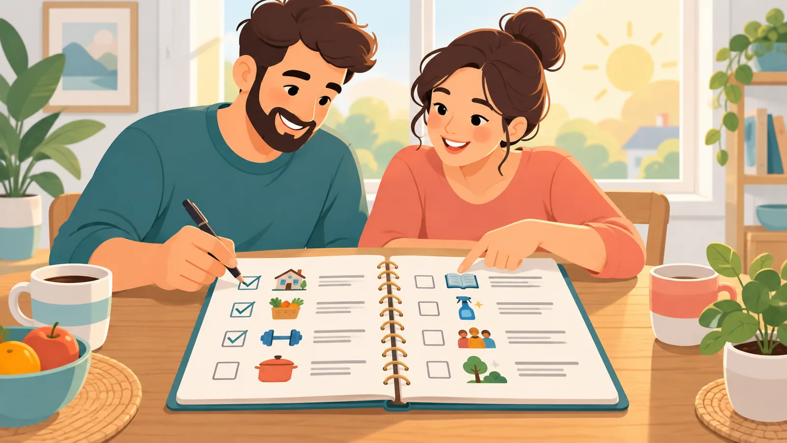 Casal revisando juntos um checklist semanal