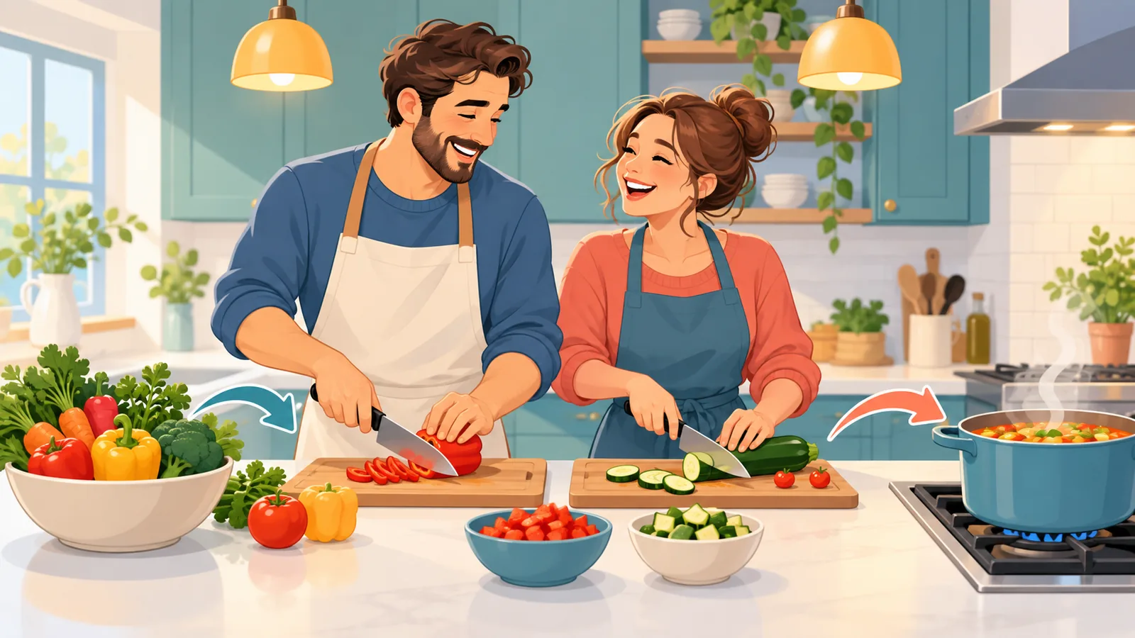 Casal cozinhando e rindo juntos na cozinha de casa