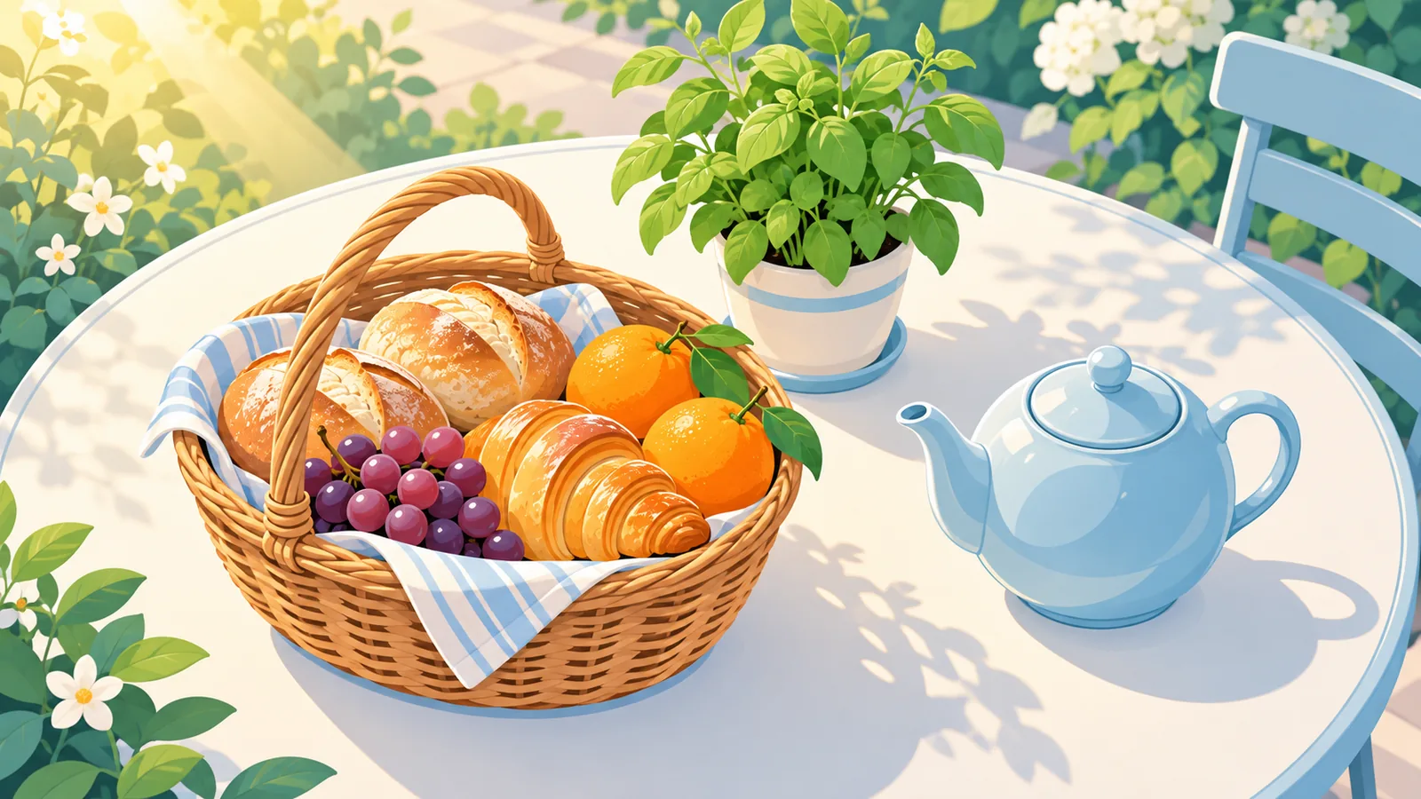 Cesta de café da manhã, vaso de ervas e bule de chá sobre mesa de jardim
