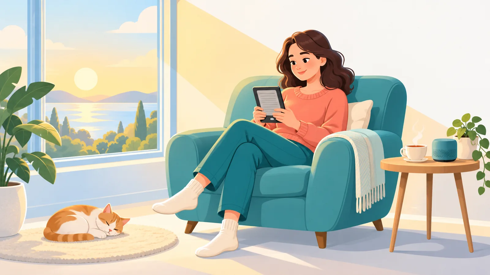 Mulher lendo em um e-reader em uma poltrona ao lado da janela