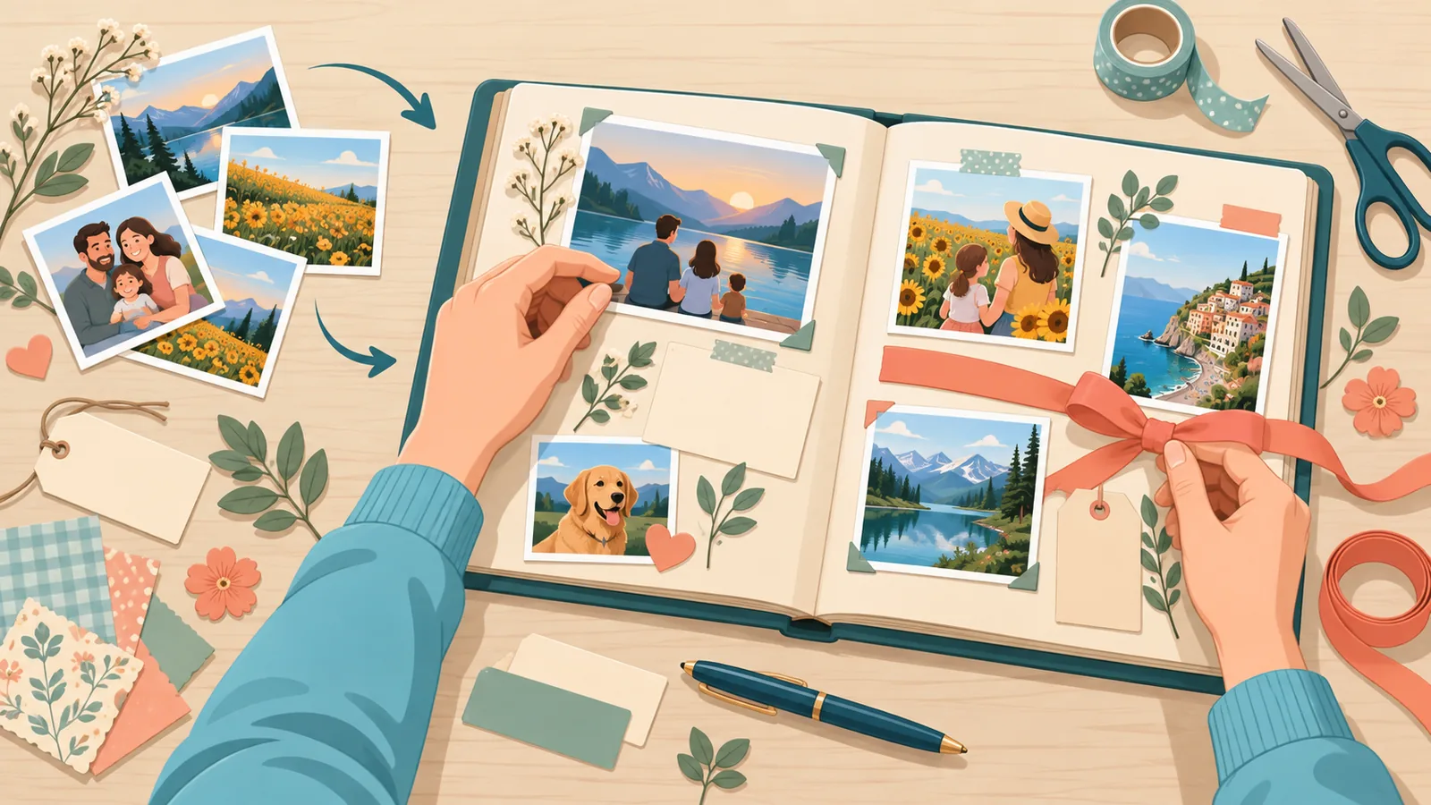 Mãos montando um álbum artesanal com fotos, bilhetes e fita