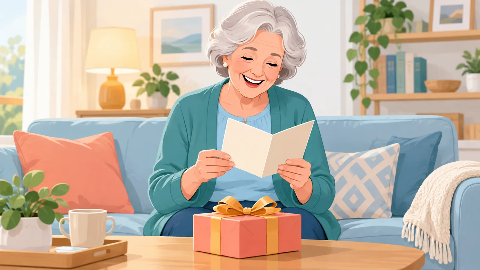 Aposentada sorrindo ao ler um cartão escrito à mão