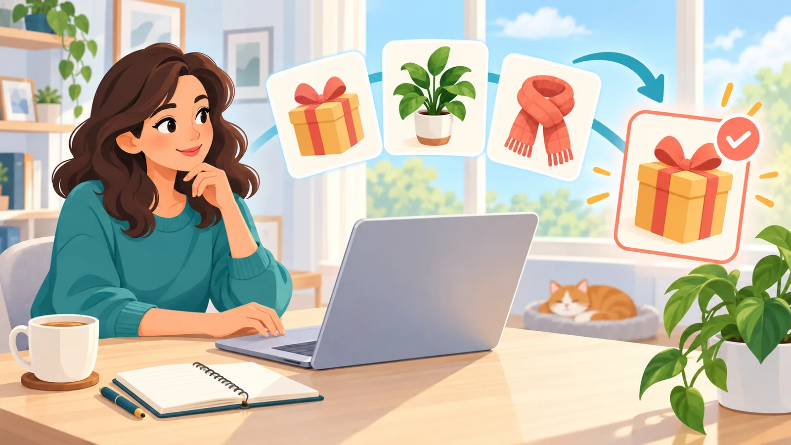 Mulher pesquisando ideias de presente no notebook em um escritório em casa