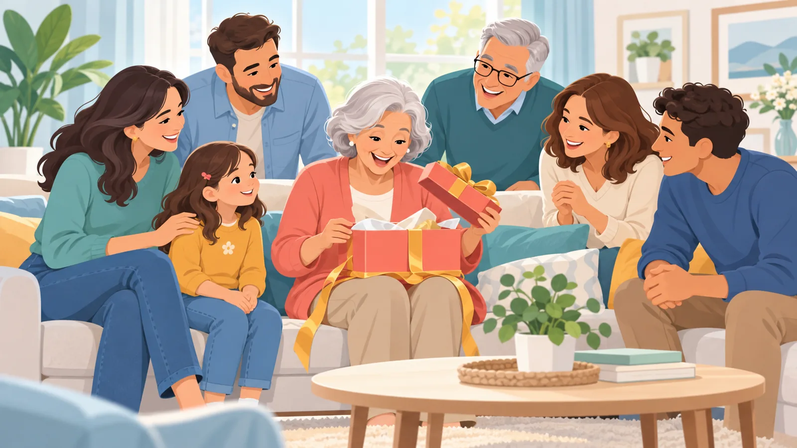 Aposentada abrindo um presente cercada de amigos e familiares sorrindo