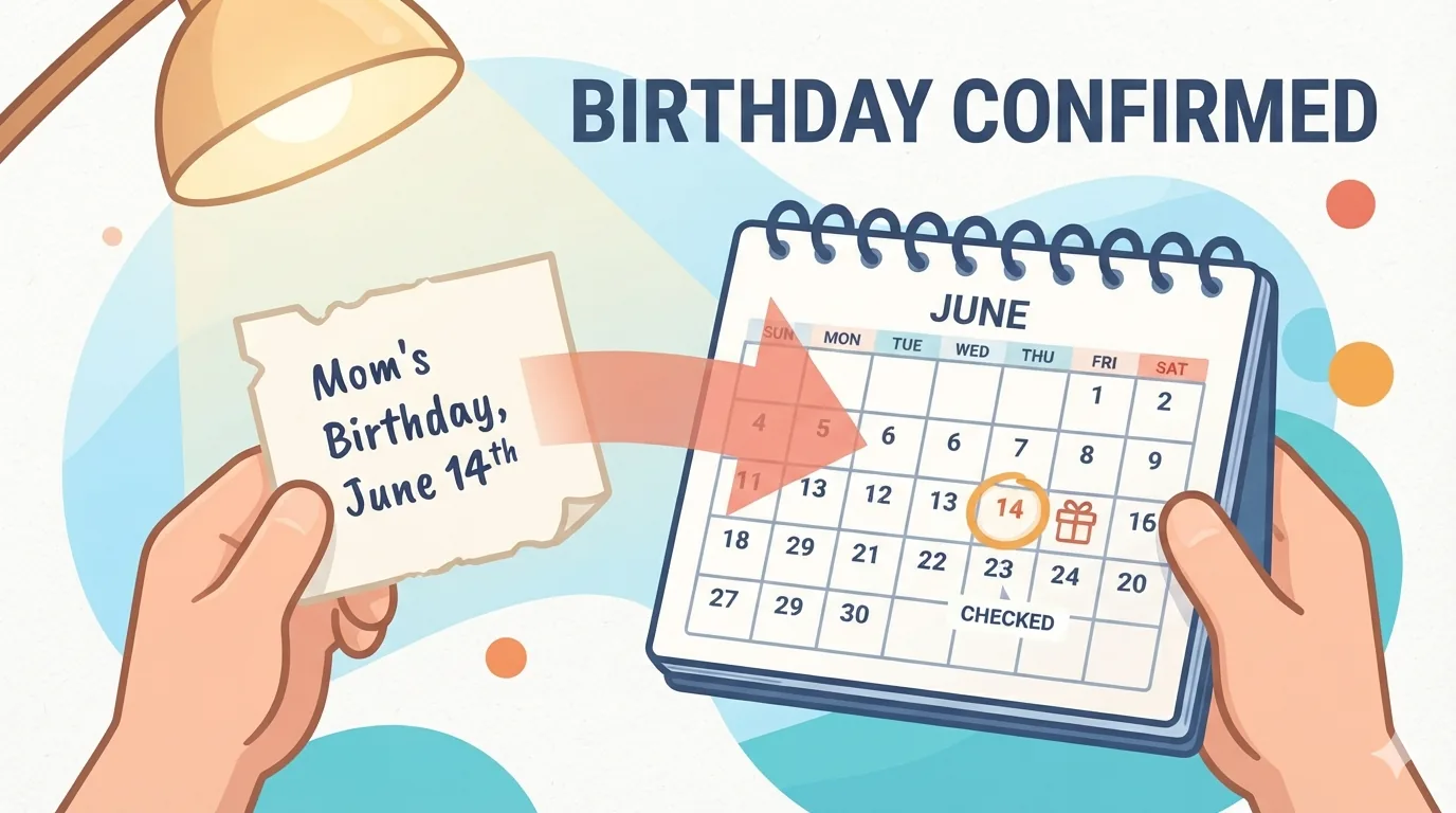 Mãos comparando uma data de aniversário anotada com um calendário impresso