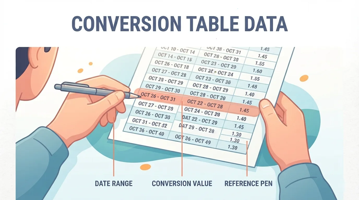 Mãos apontando datas em uma tabela de conversão de calendários