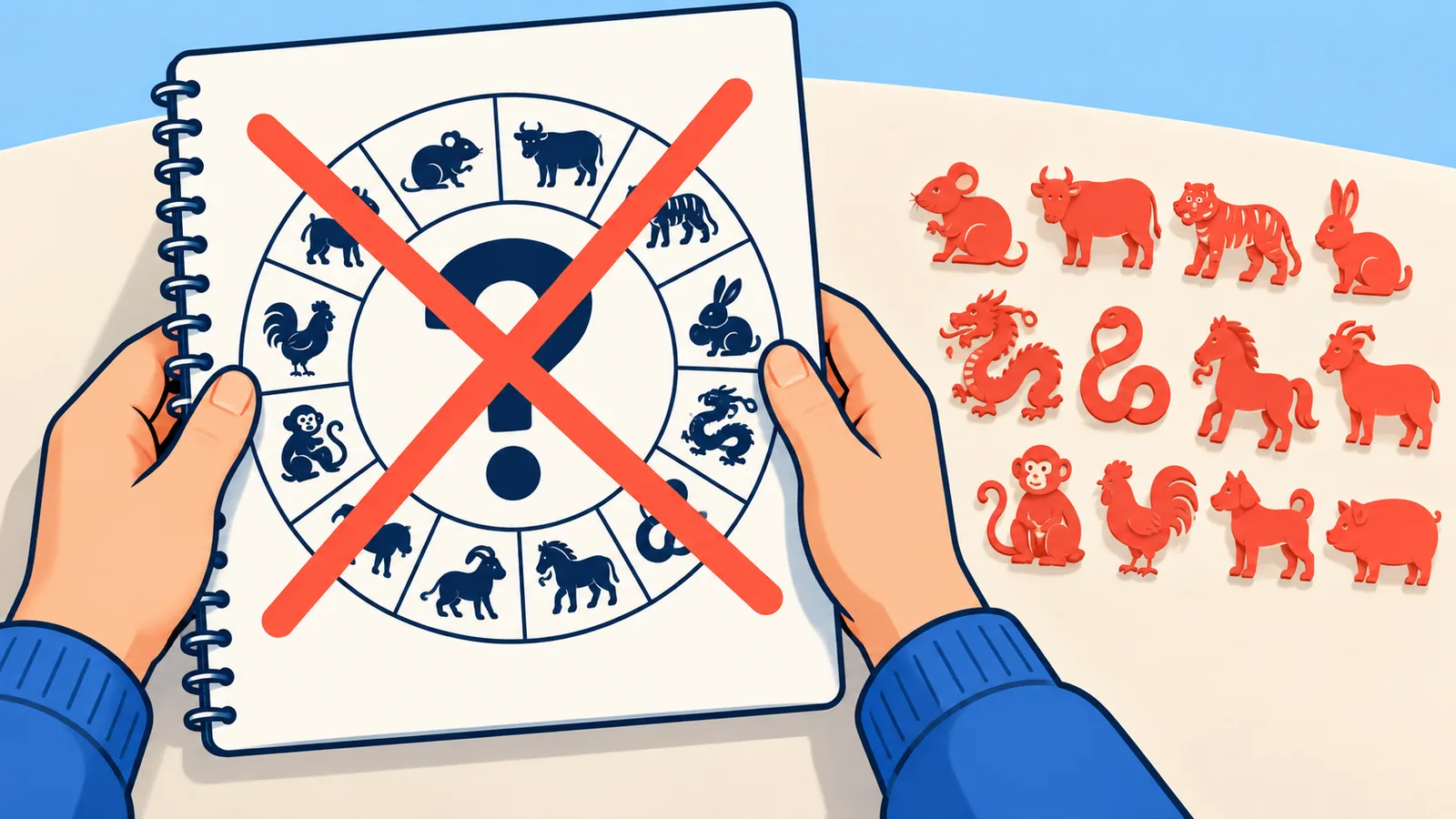 Mãos ao lado de animais de papel recortado e uma pergunta sobre o melhor signo riscada