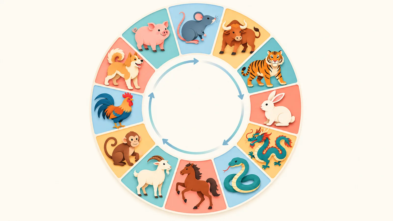 Roda com os doze animais do zodíaco chinês em papel recortado