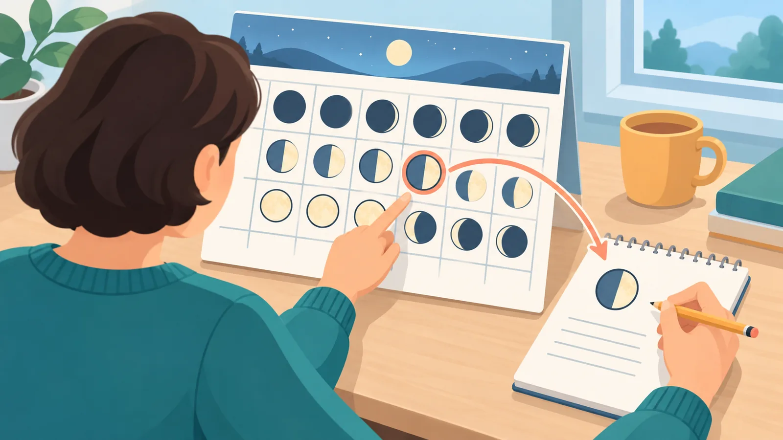 Pessoa consultando um calendário lunar em papel