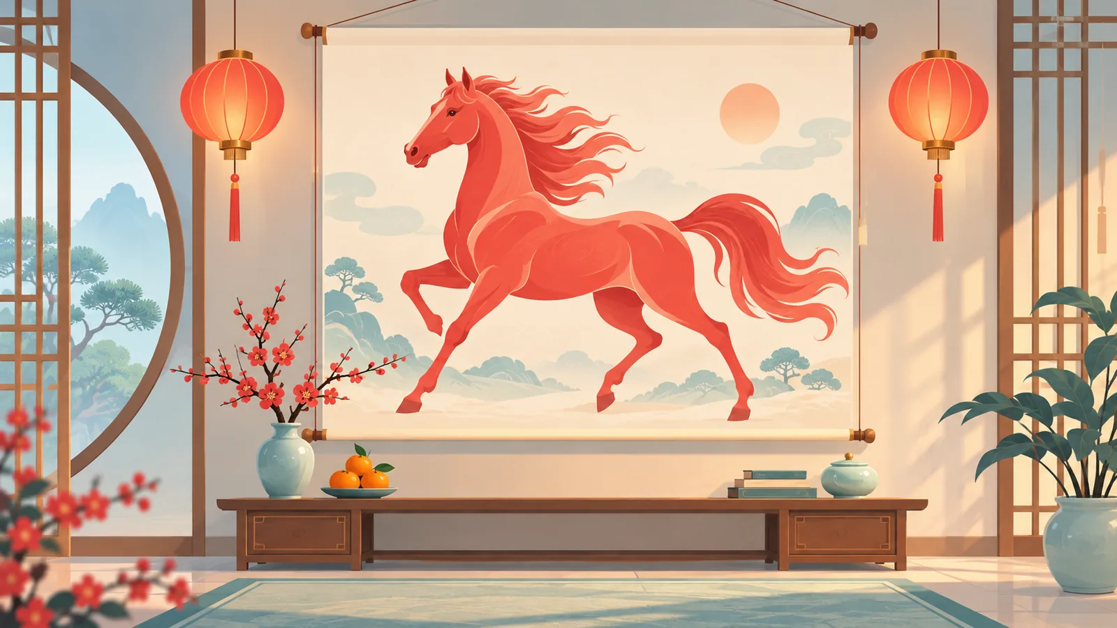 Ilustração de cavalo vermelho em papel de arroz no Ano-Novo Lunar