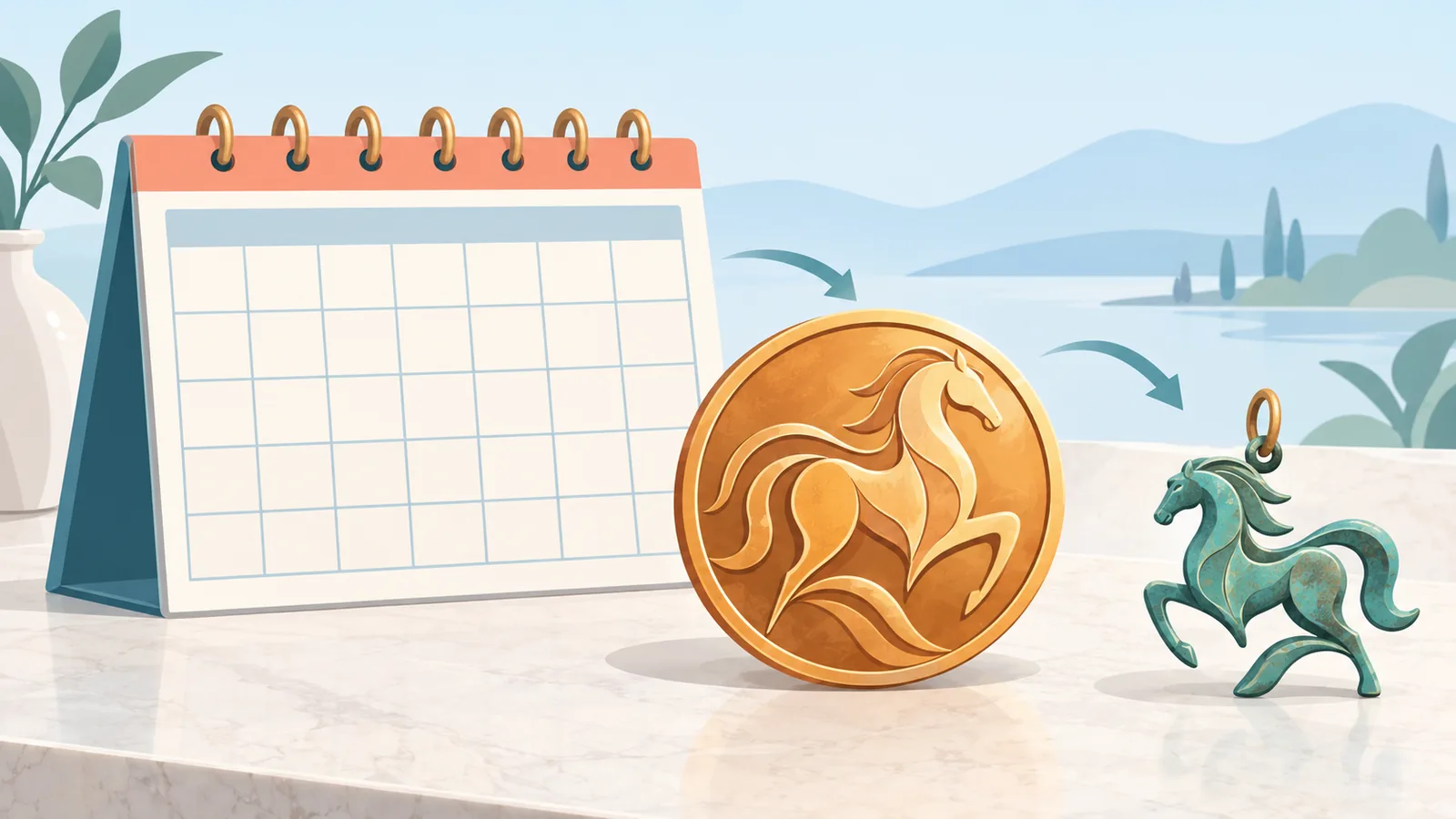 Calendário, moeda de coleção e pingente de cavalo sobre uma mesa neutra