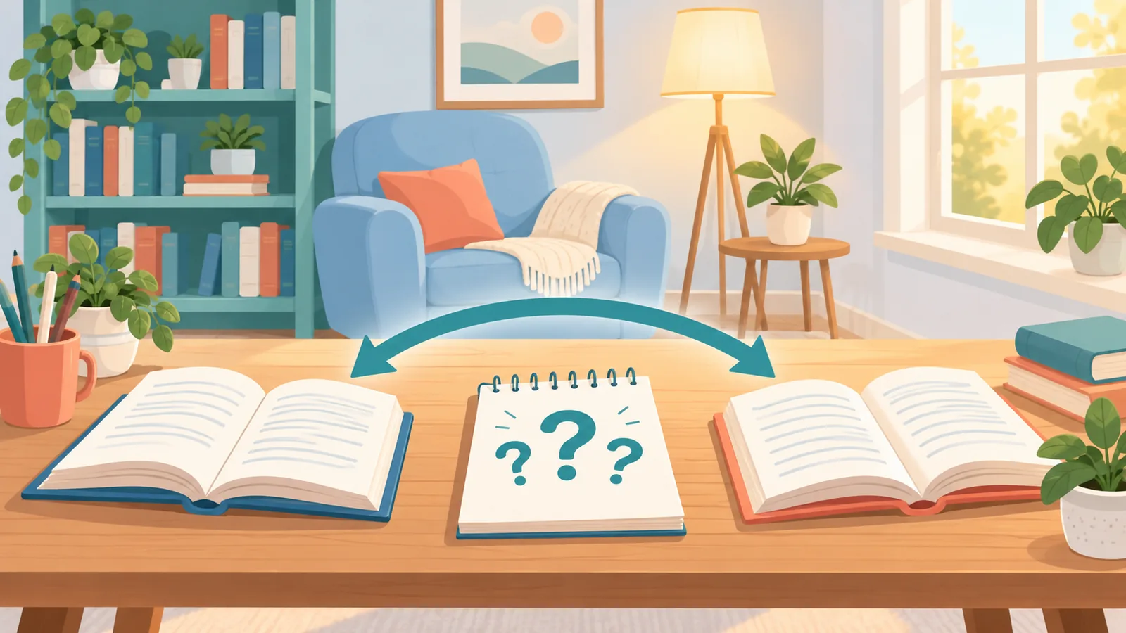 Mesa de estudo com livros e bloco de notas com perguntas