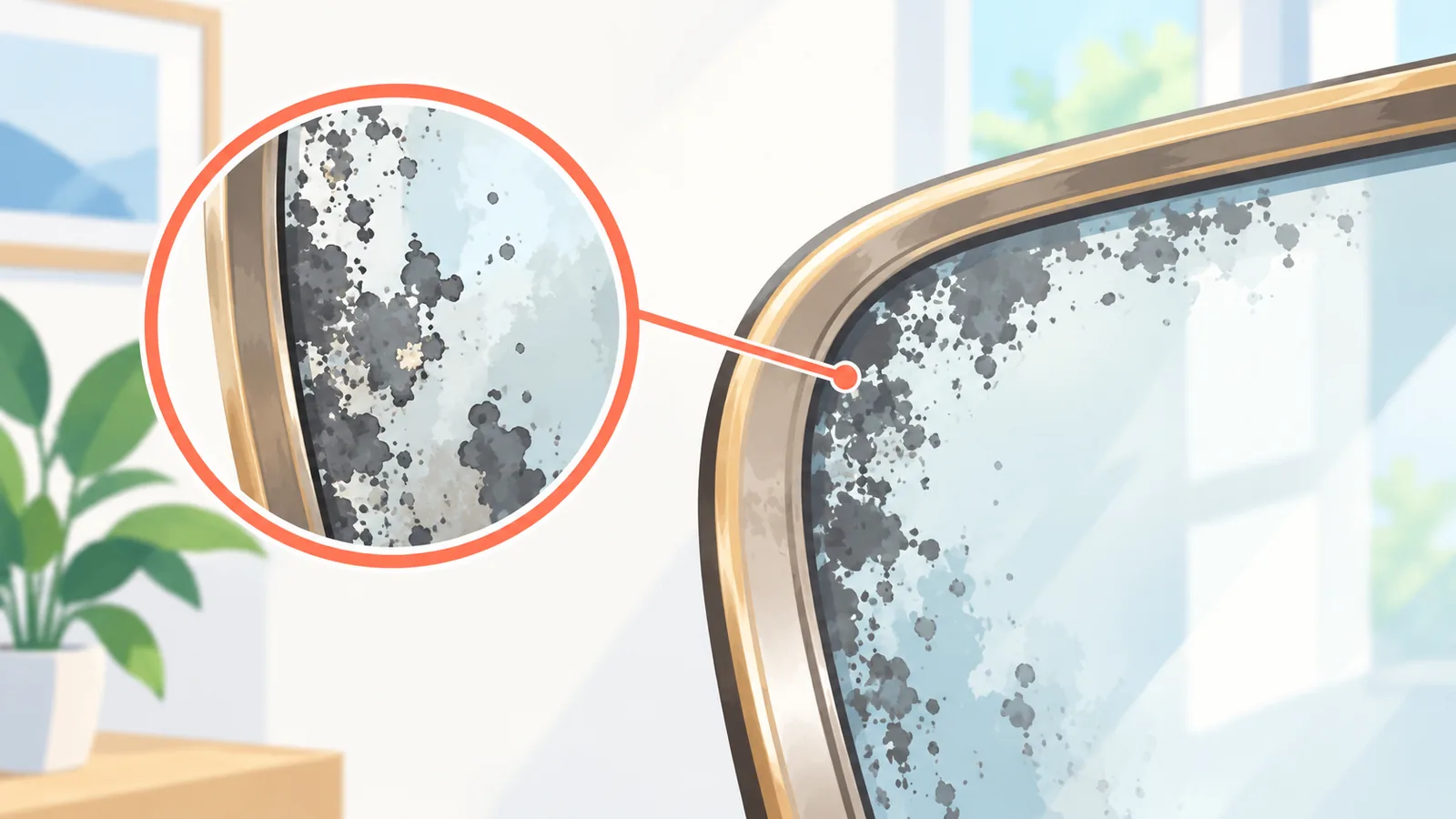 Detalhe de manchas de oxidação no canto do espelho