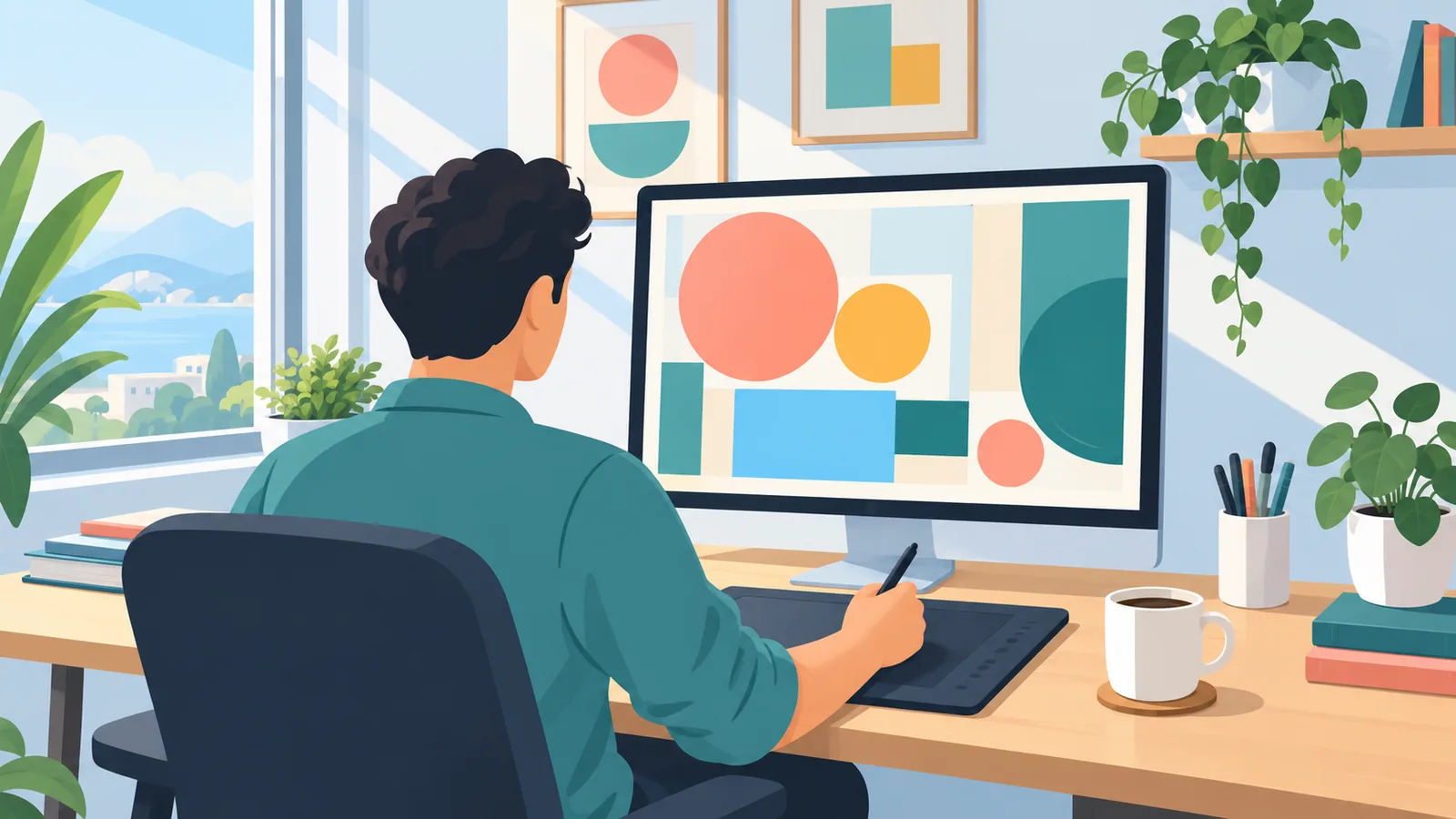 Designer freelancer trabalhando em um layout no computador em casa