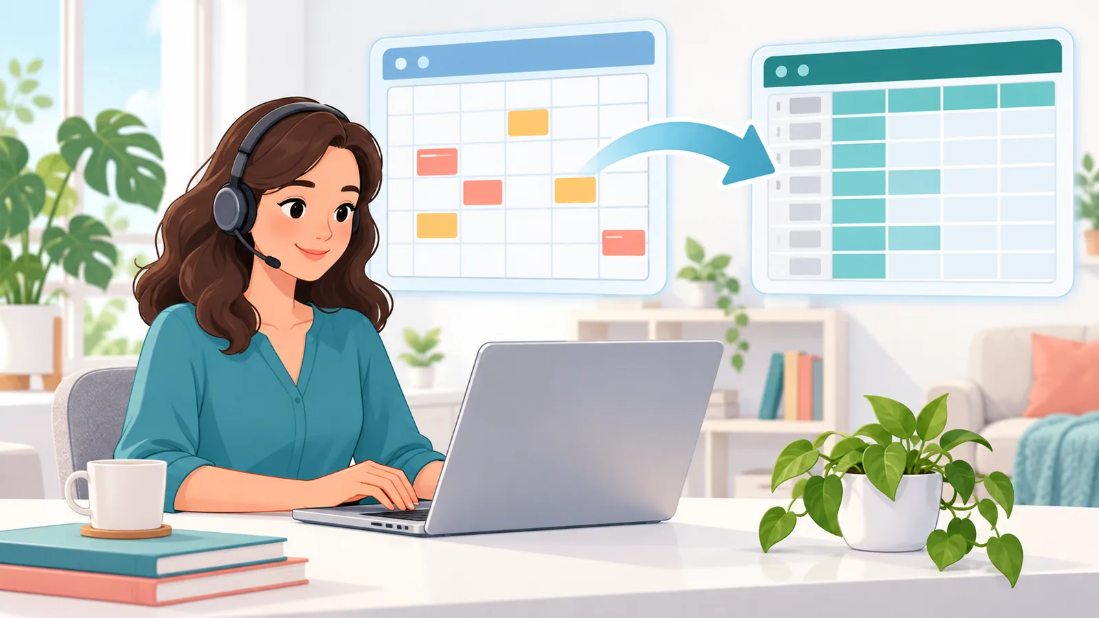 Assistente virtual organizando agenda e planilhas em um escritório em casa