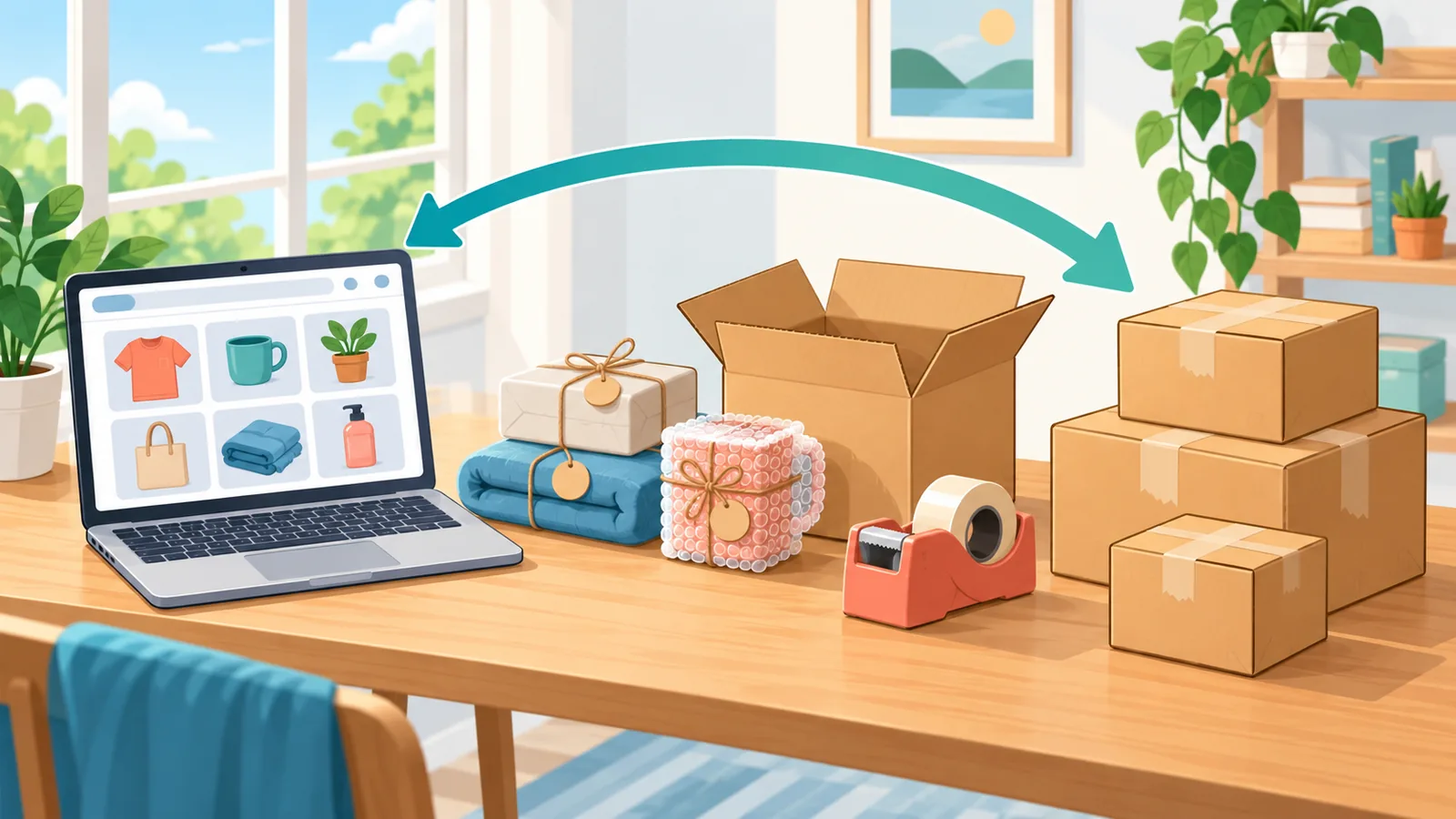 Estação de embalagem em casa com produtos prontos para envio