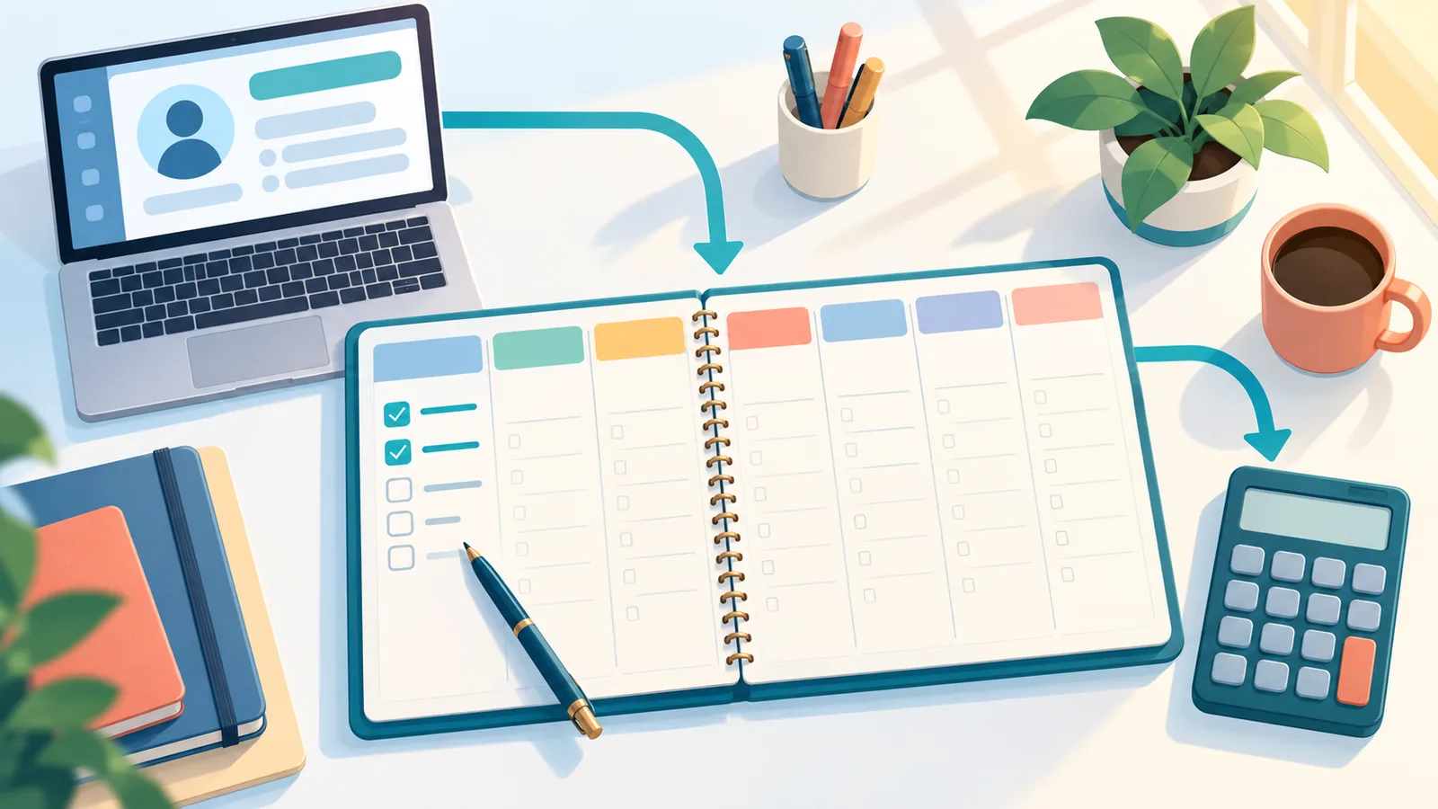 Agenda semanal, calculadora e notebook com um perfil profissional simples