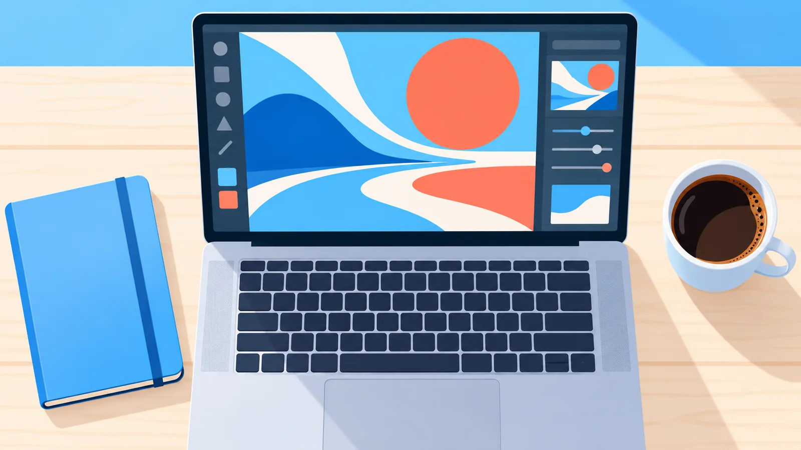 Notebook com editor de design, planner e xícara de café sobre mesa de madeira