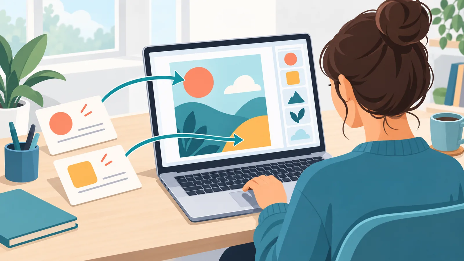 Designer freelancer criando um post para redes sociais em casa