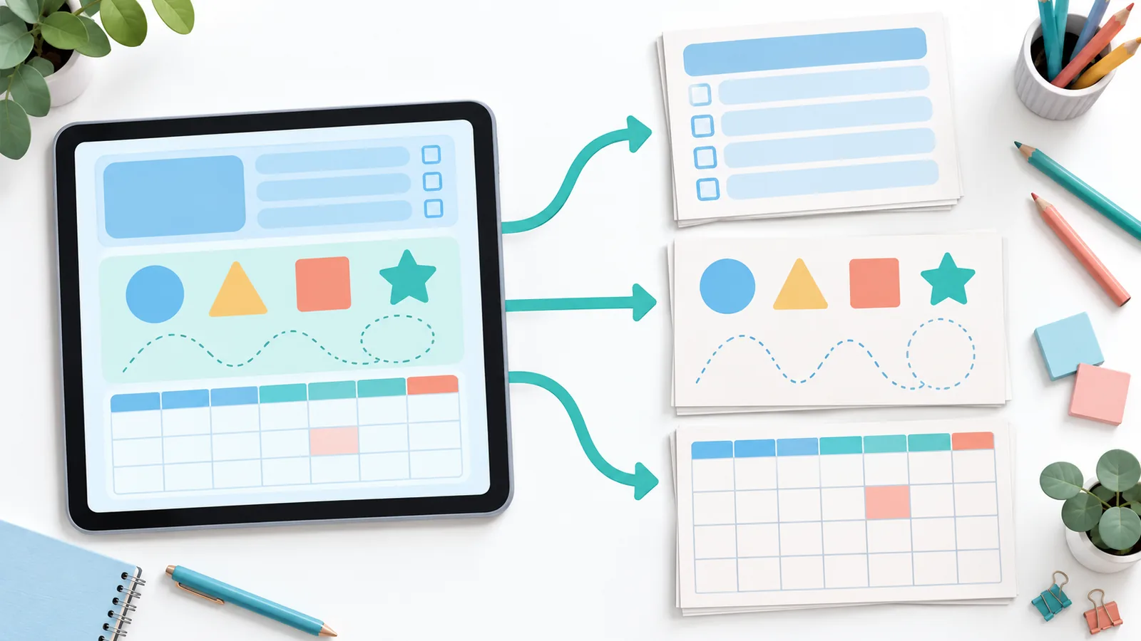 Planners, planilhas de atividades e calendário impressos ao lado de um tablet com template