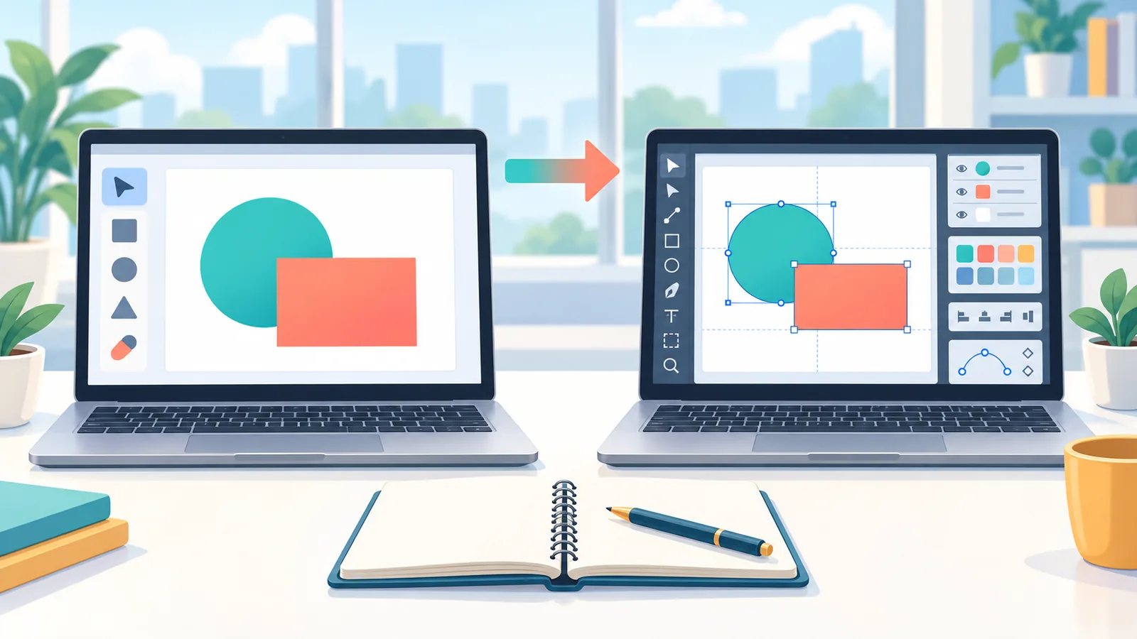 Dois notebooks lado a lado comparando áreas de trabalho de design