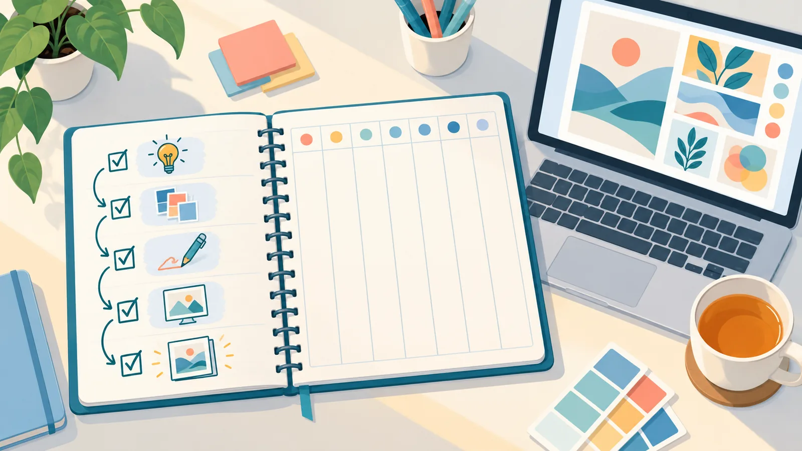 Planner semanal com lista de cinco passos ao lado de um notebook com amostras de design