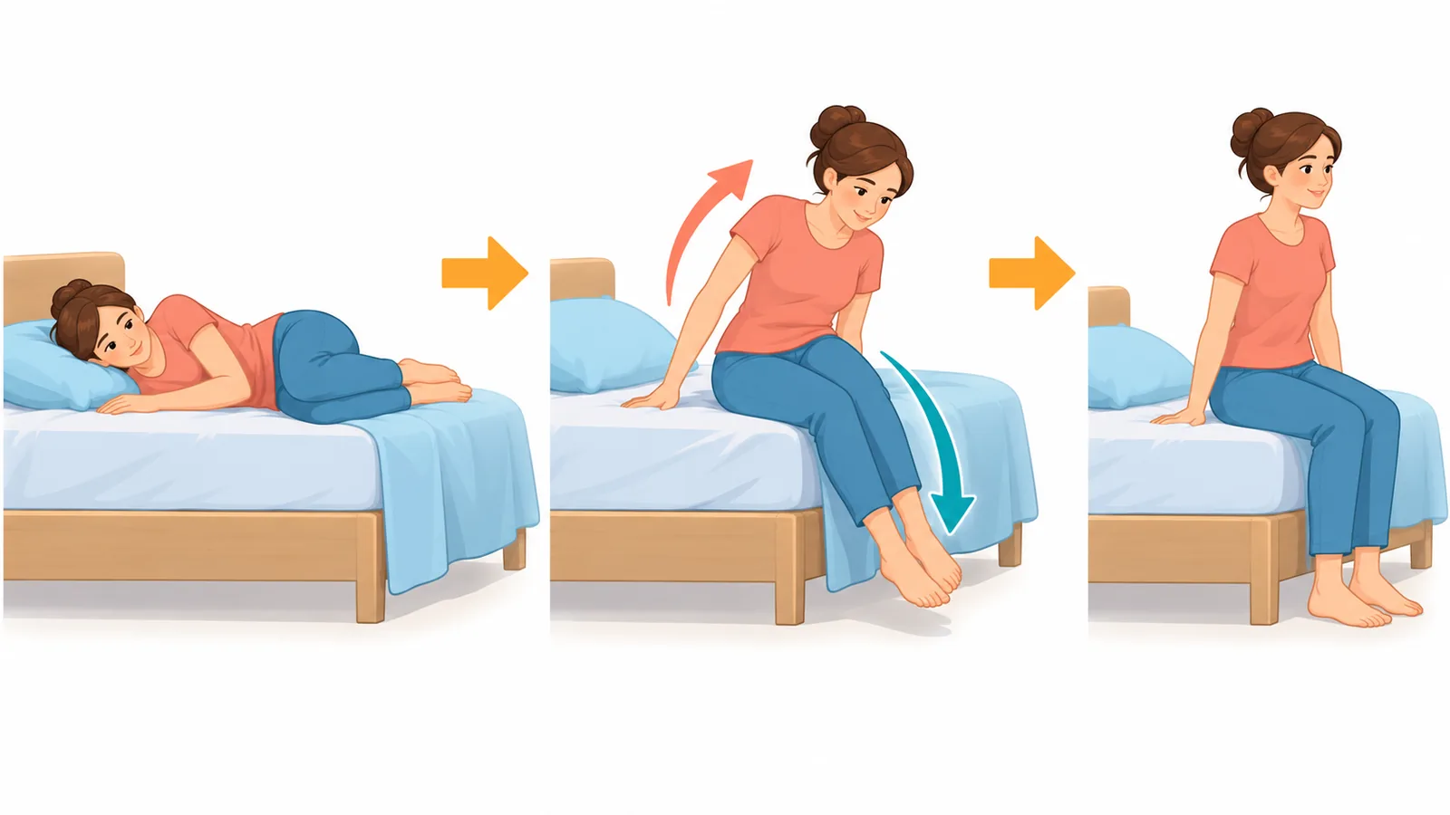 Pessoa levantando da cama de lado com apoio dos braços